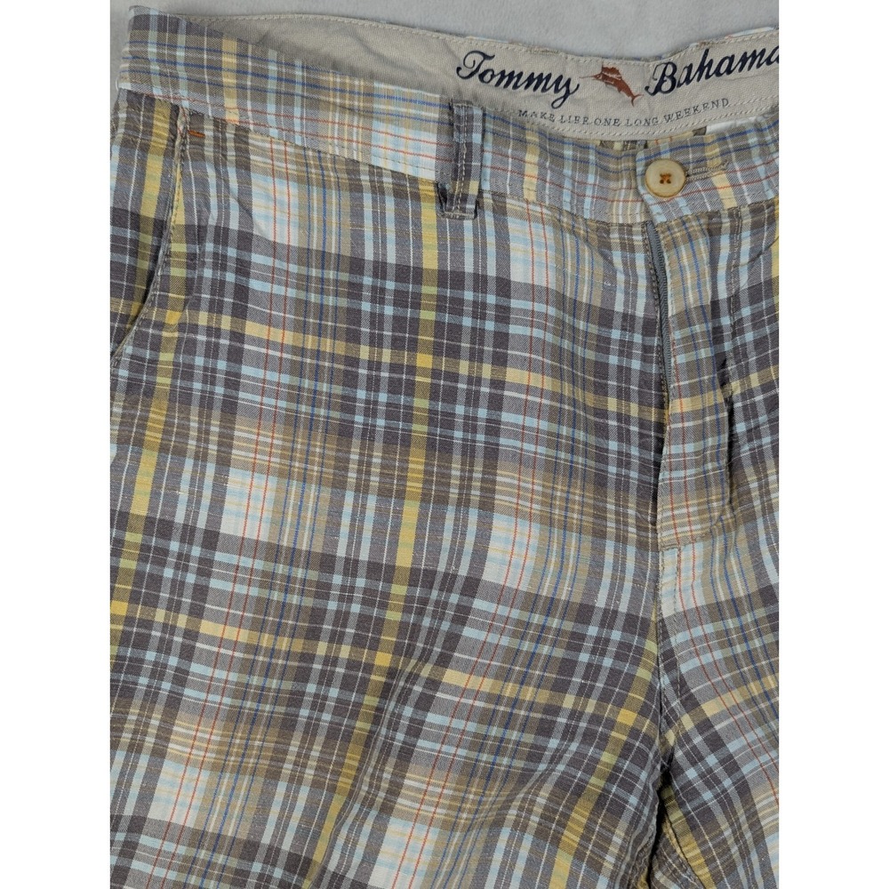 Tommy Bahama Plaid Linen Blend Mens Flat Front Chino Shorts Size 34